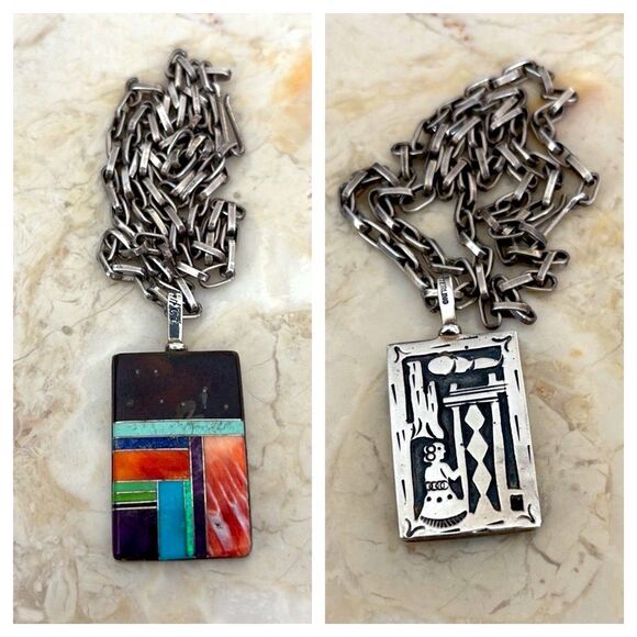 FJ Henry Signed Navajo Reversible Sterling Silver Turquoise Multi-Stone Necklace - Picture 1 of 14